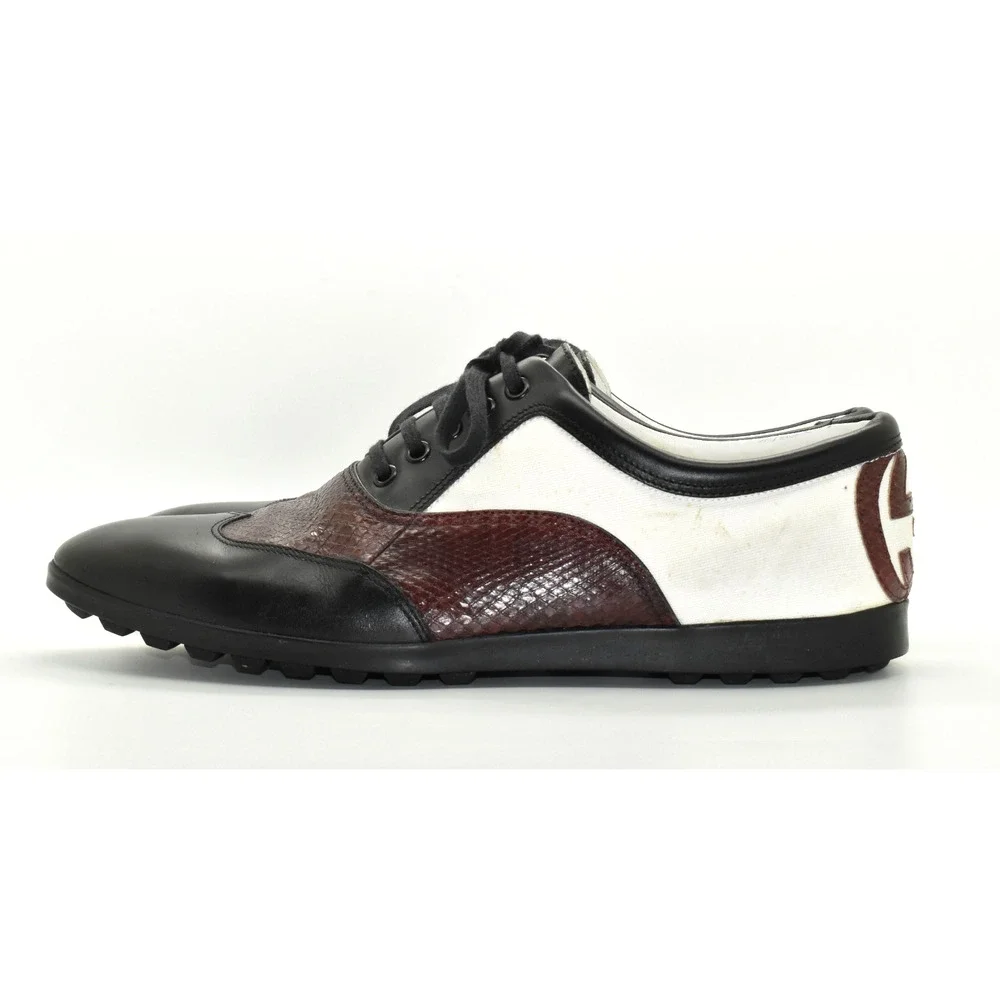 D5 Auth GUCCI Black Burgundy White Snakeskin & Canvas Double G Oxfords Size 11 D